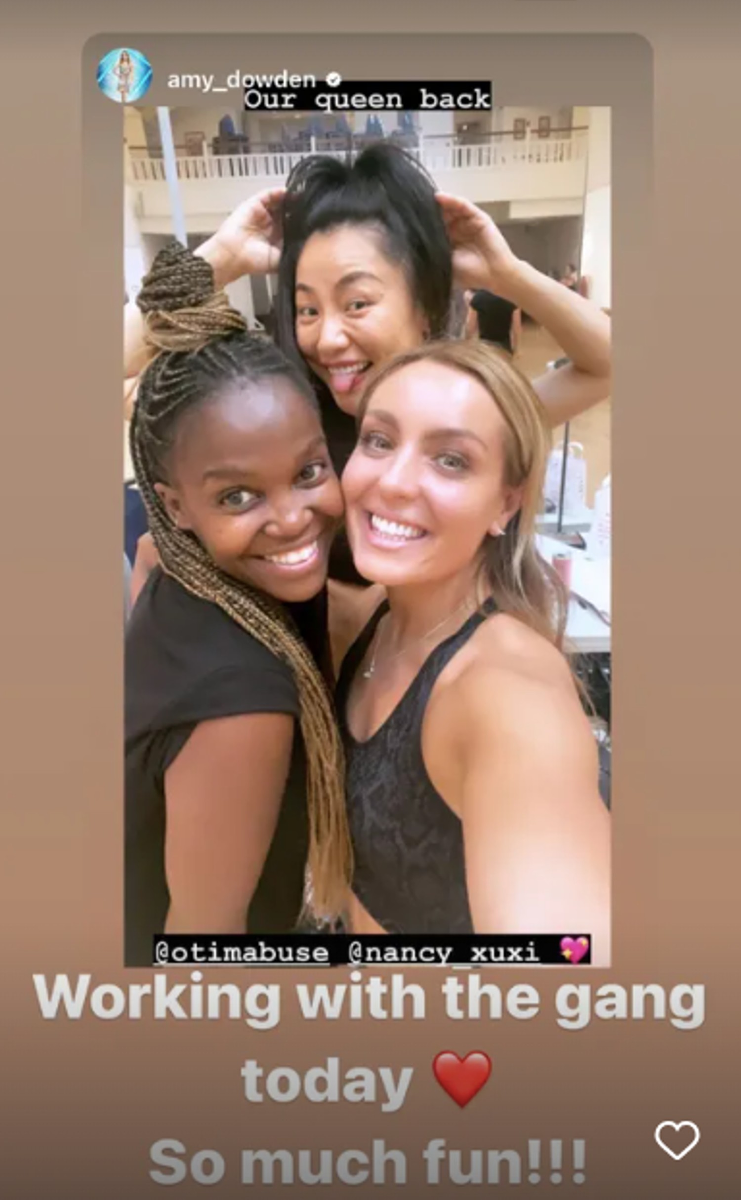 Oti Mabuse, Amy Dowen and Nancy Xu smiling in an Instagram post