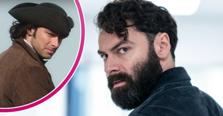 The Suspect star Aidan Turner in character in the ITV drama, and Poldark