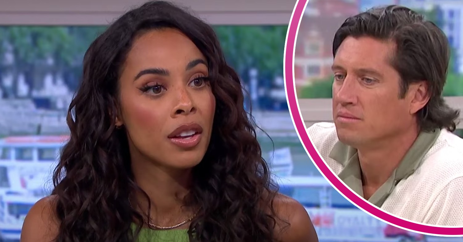 This Morning presenters Rochelle Humes speaks, Vernon Kay looks down