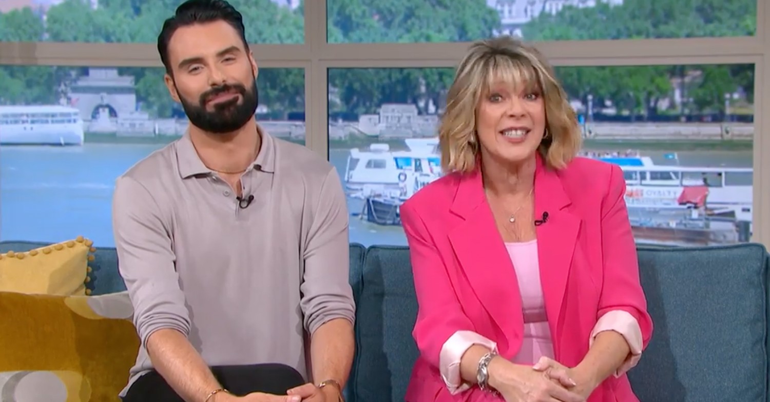 Ruth Langsford and Rylan Clark hosting This Morning smiling at camera