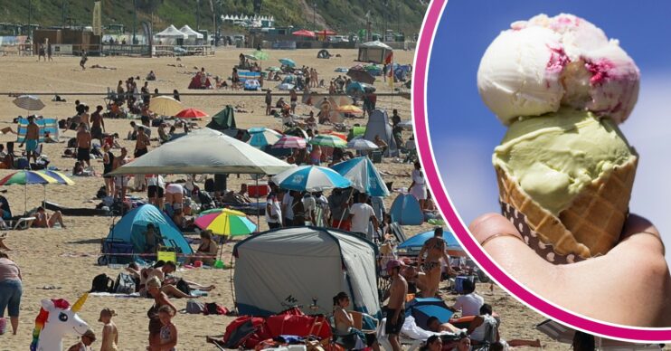 Beachgoers during UK heatwave and person holding an ice cream