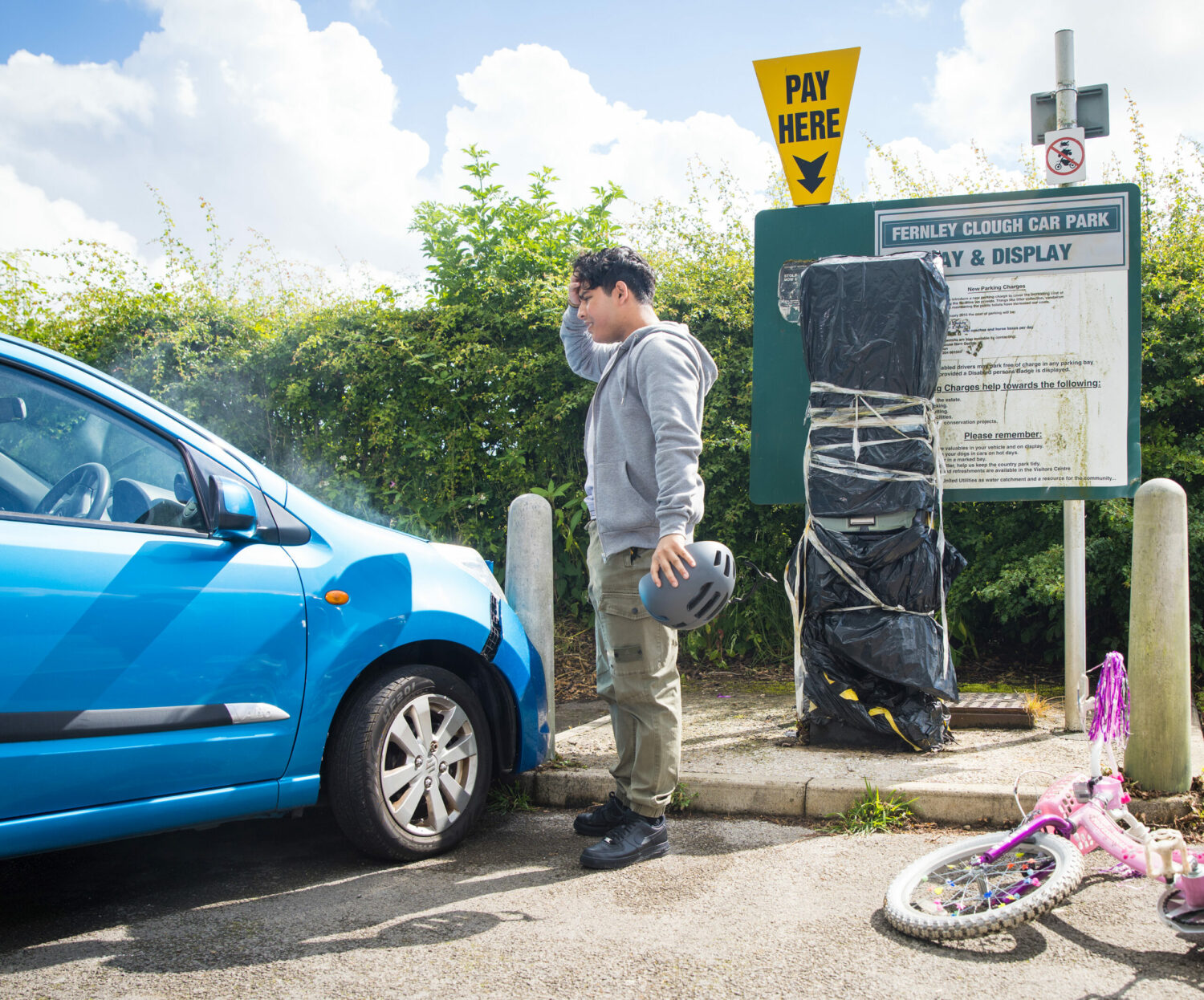 Corrie Aadi is shocked to see the car crashed into a bollard