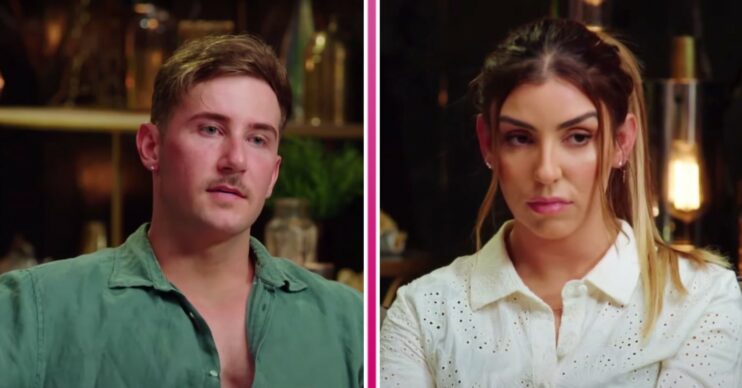 Daniel Holmes and Carolina Santas look guilty on Married At First Sight Australia