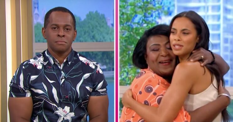 Andi Peters looks miserable while Rustie and Rochelle hug on This Morning