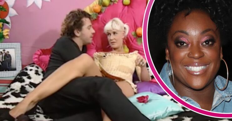 Paula Yates and Michael on the bed and Judi Love inset