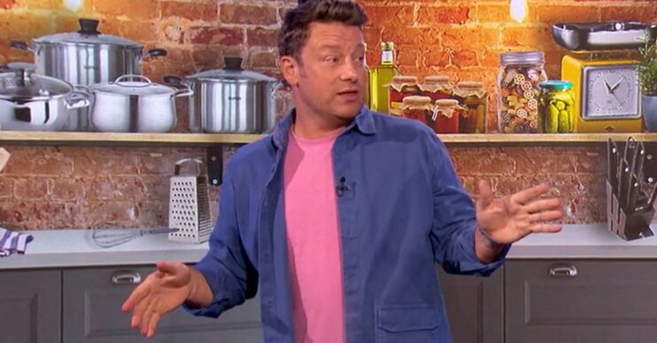 Jamie Oliver on The One Show in a blue shirt