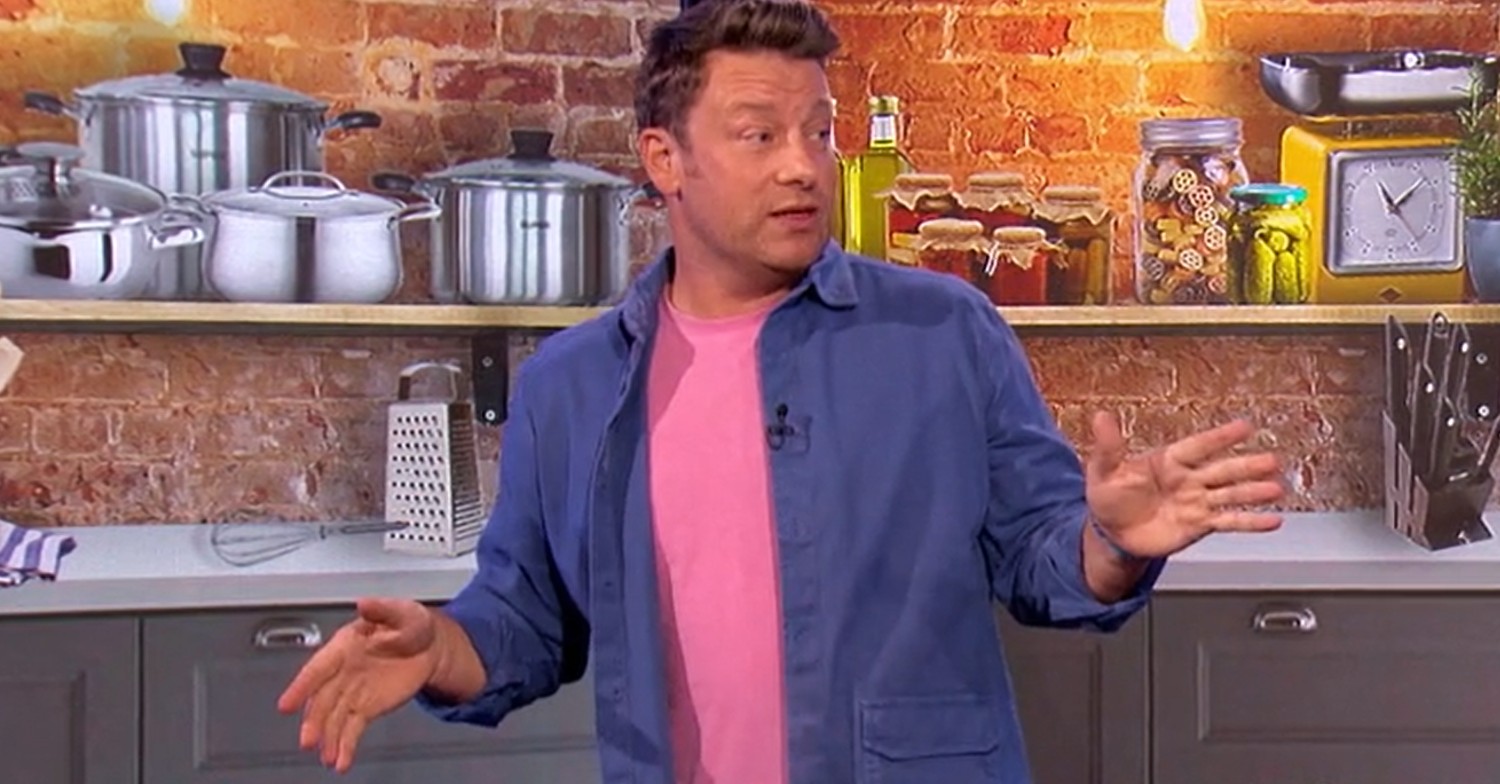 Jamie Oliver on The One Show in a blue shirt