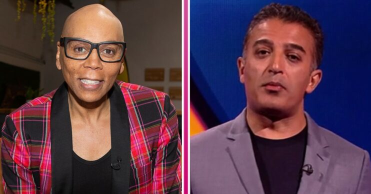 RuPaul, host Celebrity Lingo, appears to smile and Adil Ray, host of Lingo, looks to the camera