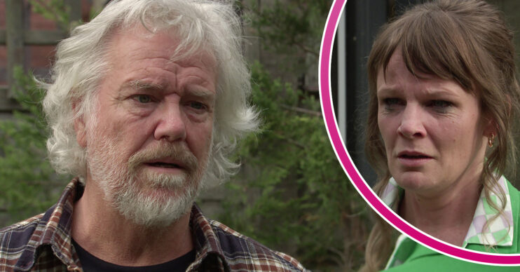 Coronation Street Stu speaking to a crying Bridget