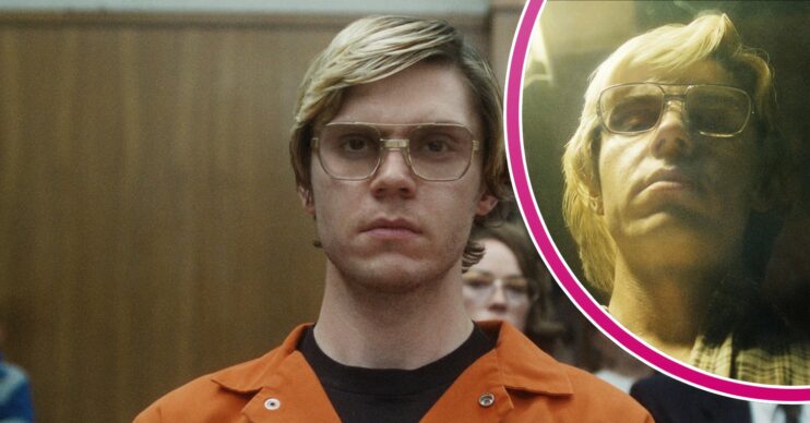 Evan Peters with a blank and sinister facial expression in Monster: The Jeffery Dahmer Story
