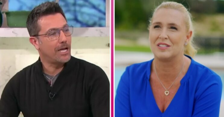 Gino D'Acampo looks to his side, his wife smiles