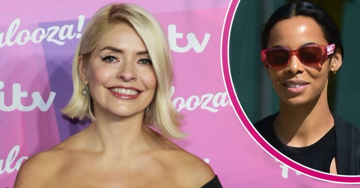 Holly Willoughby smiling at ITV Palooza and Rochelle Humes with sunglasses on