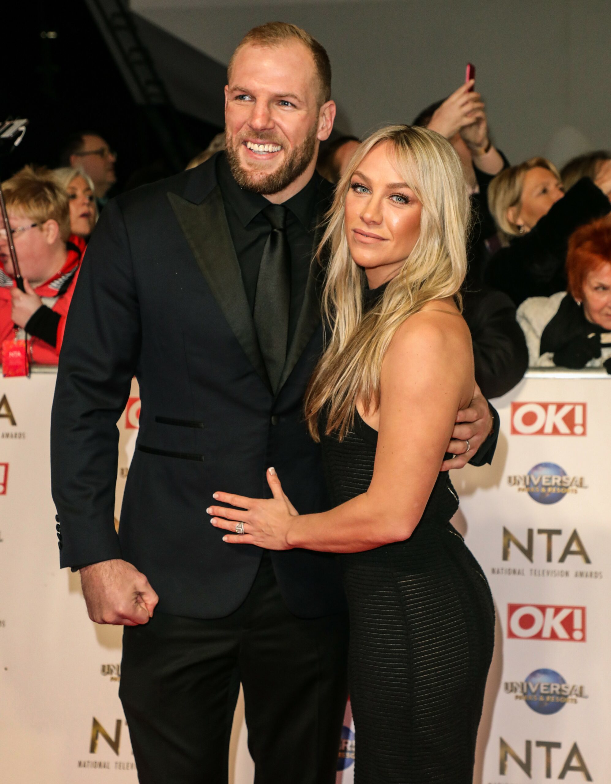 James Haskell and Chloe Madeley smile at the NTAs