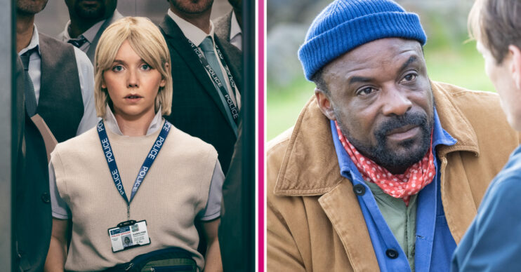 Image of Lauren Lyle as Karen Pirie standing next to a group of men in a elevator next to an image of ARIYON BAKARE as Alex Snr, he leans down in grass with a concerned expression and blue hat on