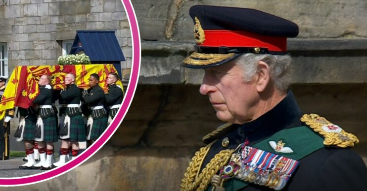 King Charles III in procession behind Queen's funeral