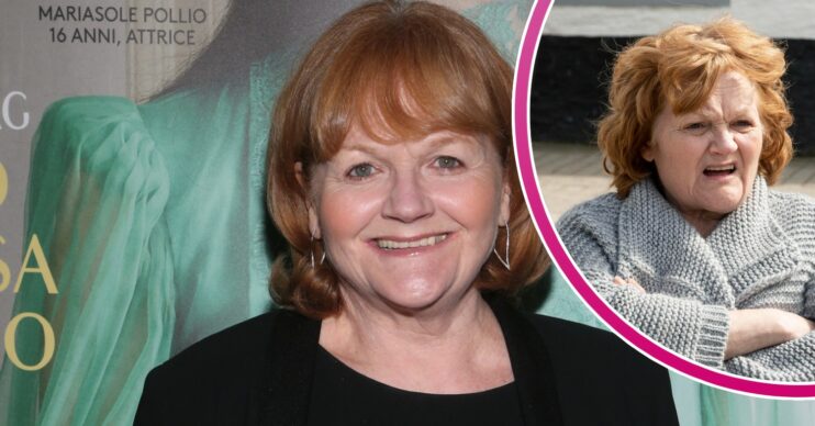 Lesley Nicol smiling on the red carpet and looking confused in Doc Martin