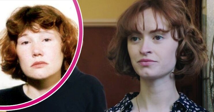 Maxine Carr looking upset in prison mugshot and Jemma Carlton playing Maxine in the Channel 5 series