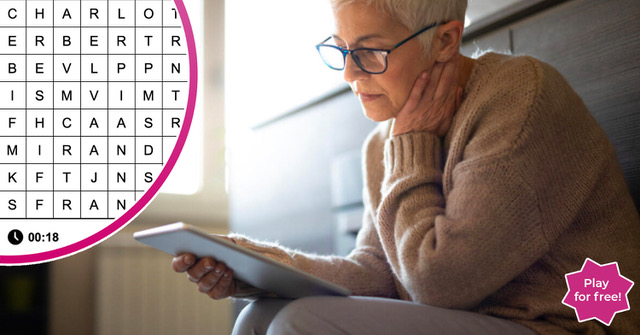 Puzzles - woman concentrating on her phone and a wordsearch