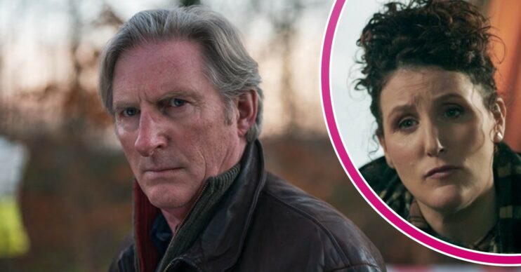 Adrian Dunbar looks serious as Ridley on ITV, Bronagh Waugh listens in character