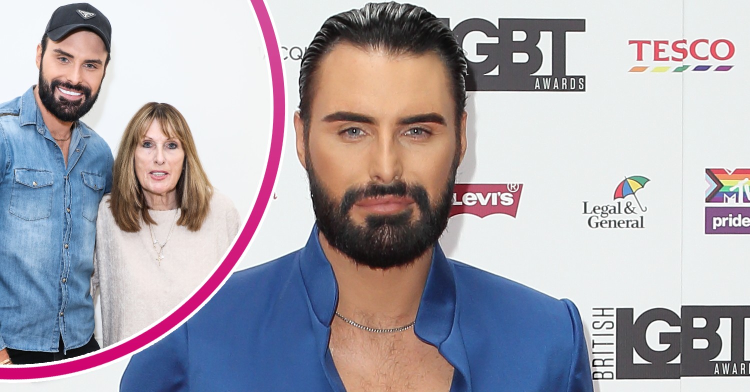In large picture to the right, Rylan Clark is wearing a blue suit at a press event. To the left, a picture of Rylan and his mum Linda, separated by a pink half circle frame.