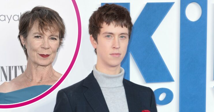 Angus and Celia Imrie smiling on the red carpet