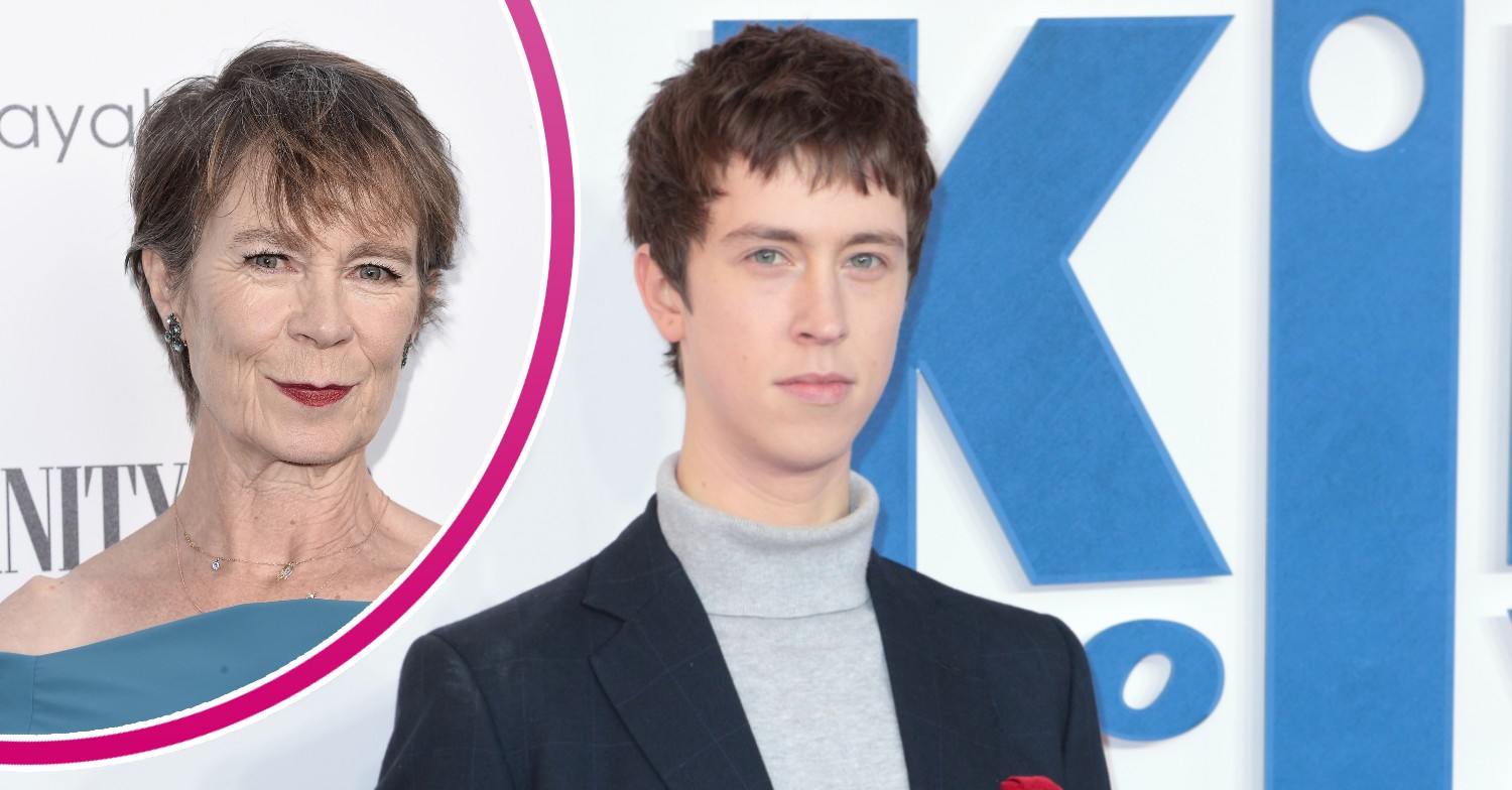 Angus and Celia Imrie smiling on the red carpet