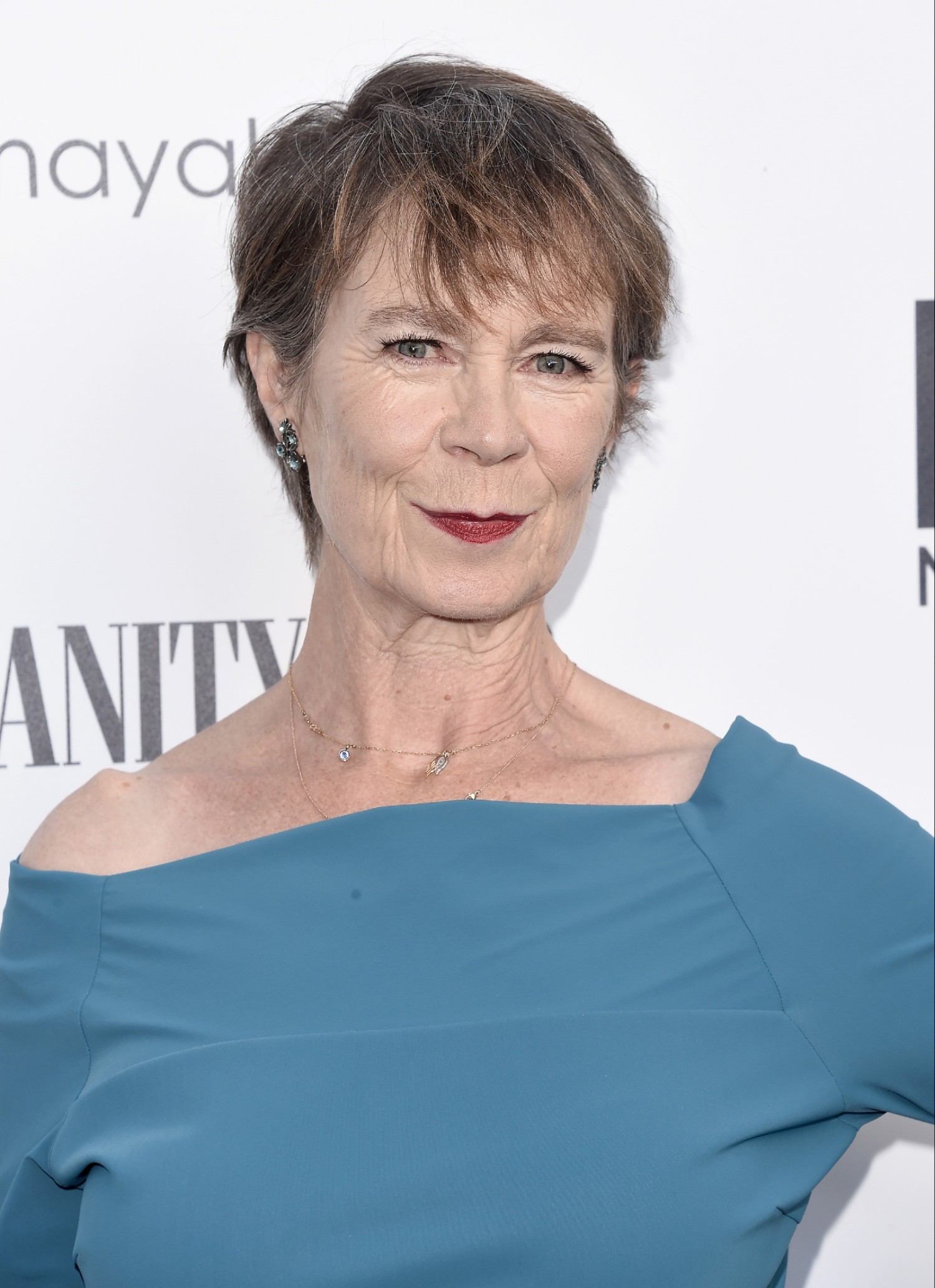 Celia Imrie wearing a blue dress