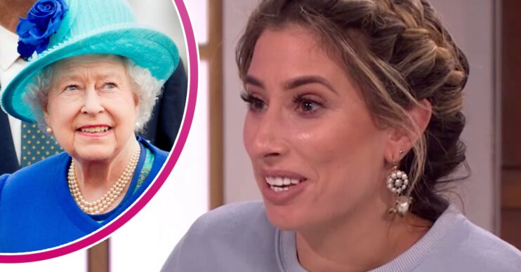 The Queen looks upwards, Stacey Solomon looks incredulous