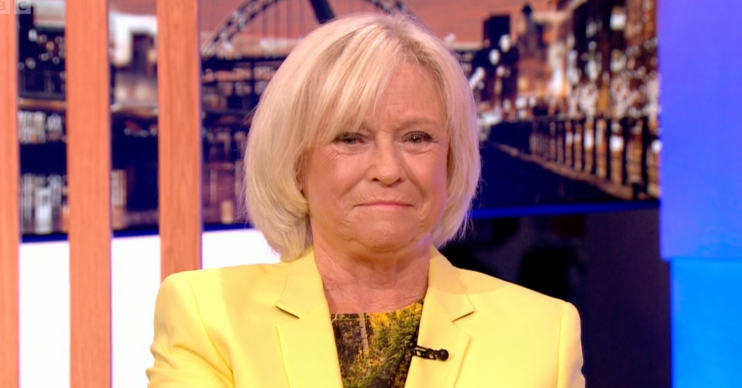 Sue Barker on The One Show wearing yellow