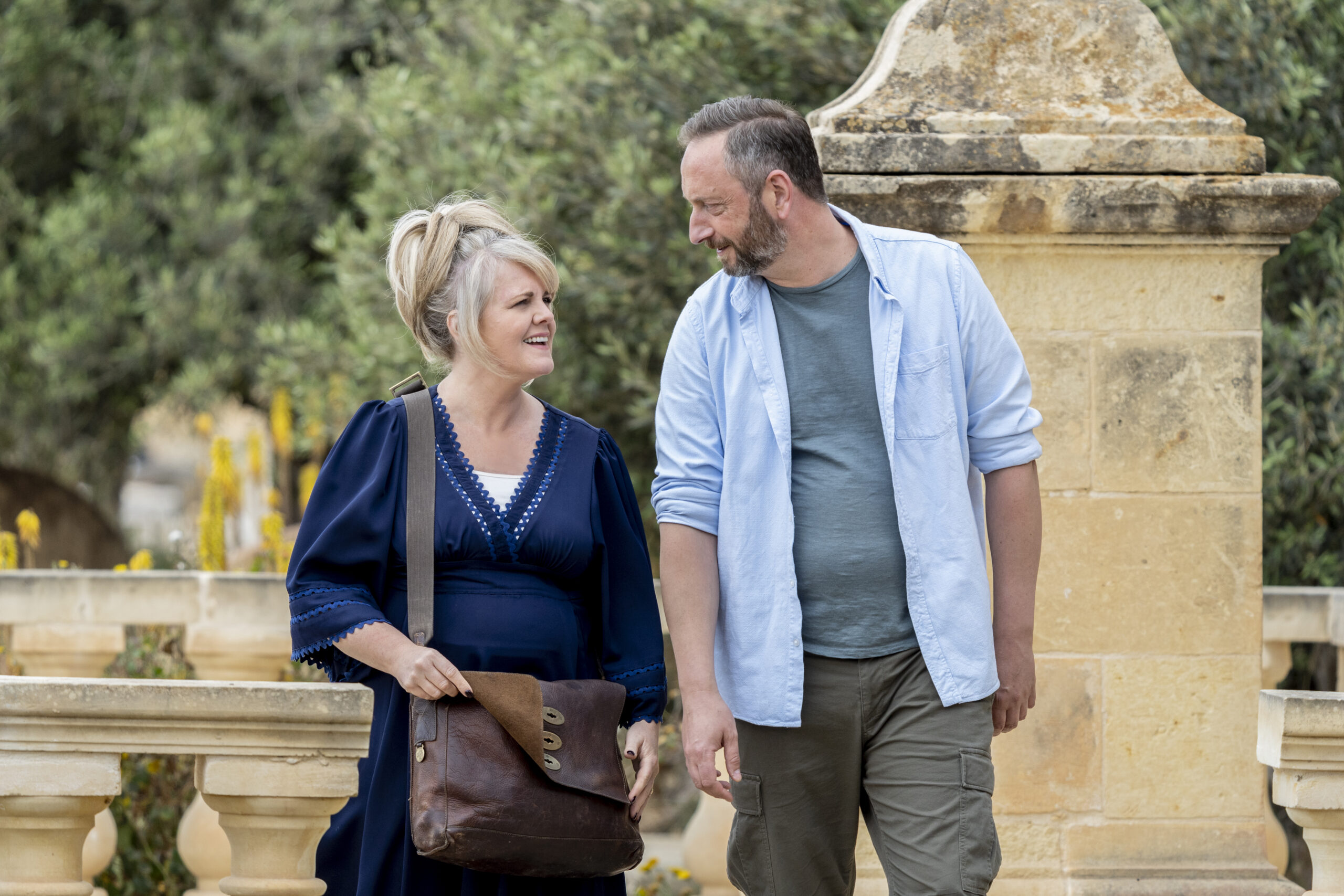 Sally Lindsey (left) as Jean and Steve Edge (right) as Dom in The Madame Blanc Mysteries