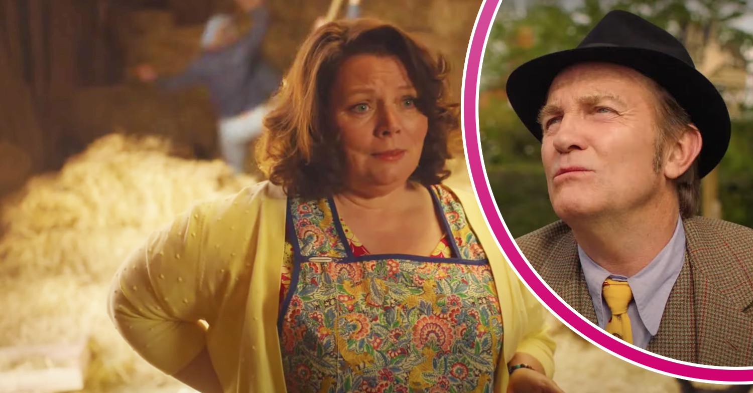 Joanna Scanlan wearing an apron and Bradley Walsh wearing a hat in The Larkins