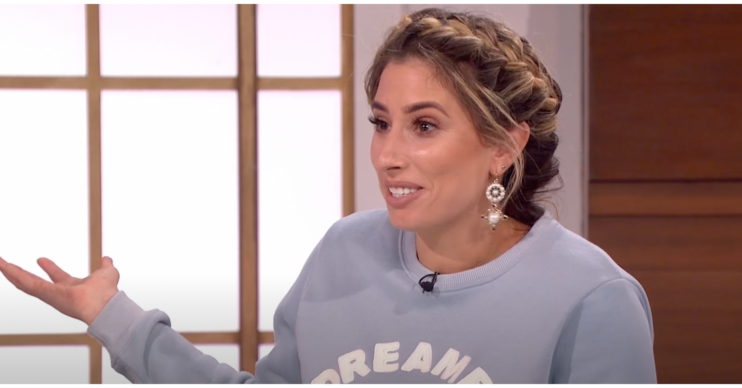 Stacey Solomon in grey jumper with braided hair