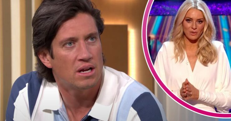 Vernon Kay looks shocked, Tess Daly holds her hands together