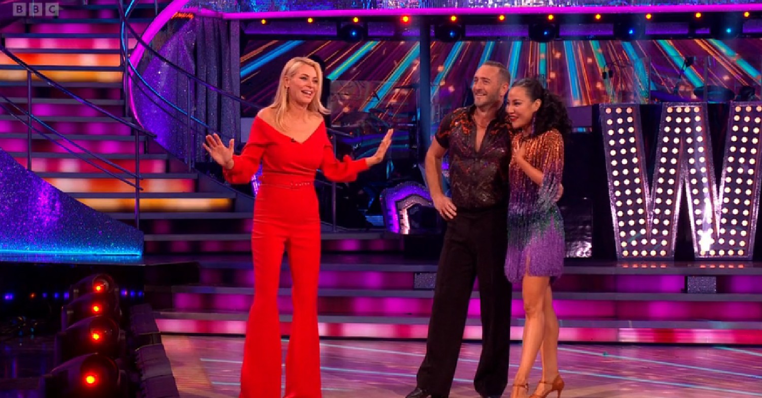 Tess Daly speaking to Will Mellor and Nancy Xu on Strictly