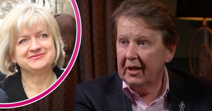 Sarah smiling, BBC star Bill Turnbull speaking