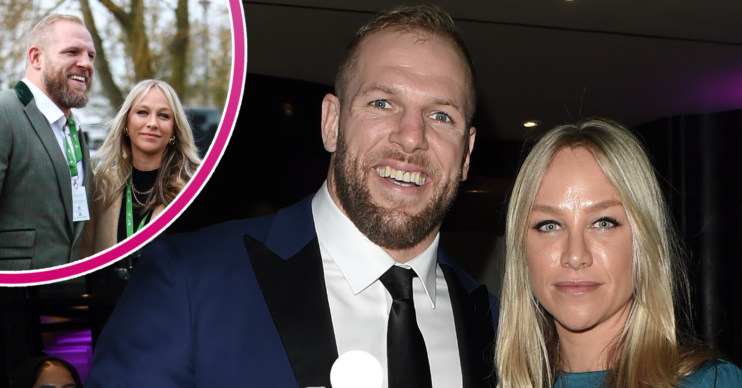 Chloe Madeley and James Haskell smiling at different events