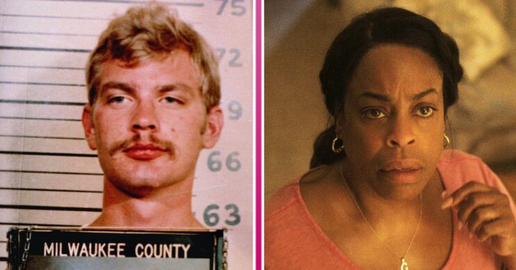 Jeffrey Dahmer in prison and Niecy Nash playing Glenda Cleveland in Monster: The Jeffrey Dahmer Story