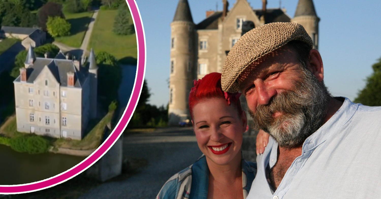 Escape to the Chateau stars Dick and Angel Strawbridge smiling in front of their chateau, the chateau