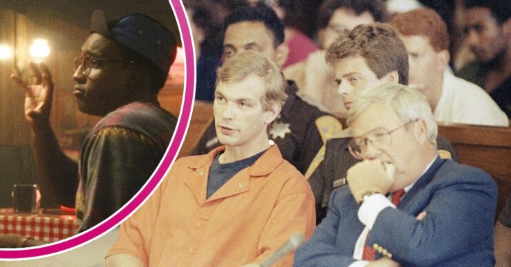 Jeffrey Dahmer in court and Rodney Burford playing Tony Hughes in Monster: The Jeffrey Dahmer Story