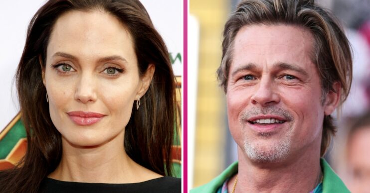 Angelina Jolie and Brad Pitt both look at the camera