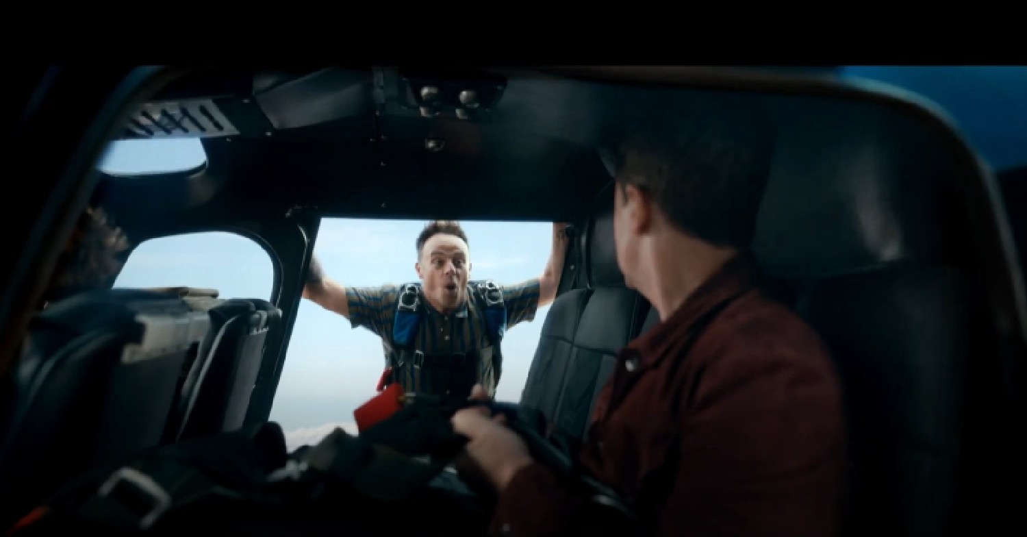 Ant about to jump out of helicopter in front of Dec in I'm A Celebrity 2022 trailer