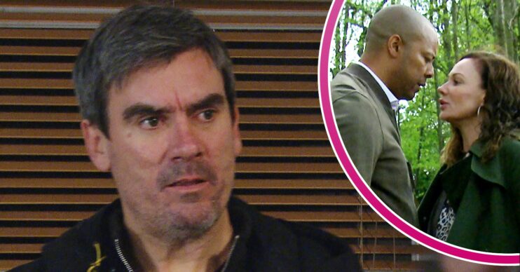 Cain looking angry as Chas and Al come close to kissing Emmerdale