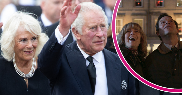 Charles and Camilla waving and their characters in The Crown