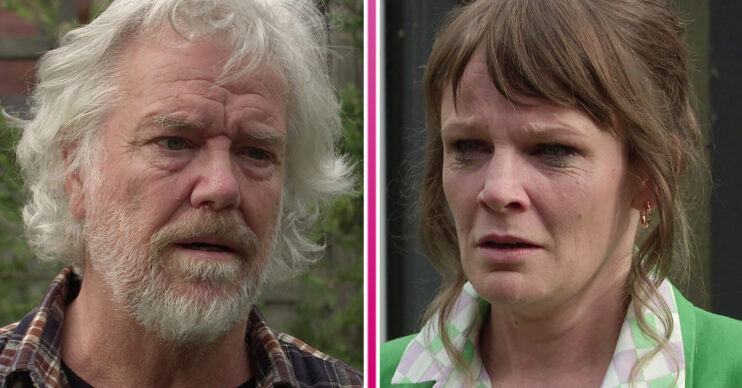Coronation Street Stu looking concerned and Bridget crying with mascara down her face