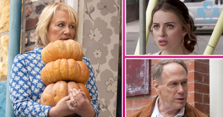 Coronation Street Eileen carrying three pumpkins, Daisy looking shocked and Stephen looking on edge