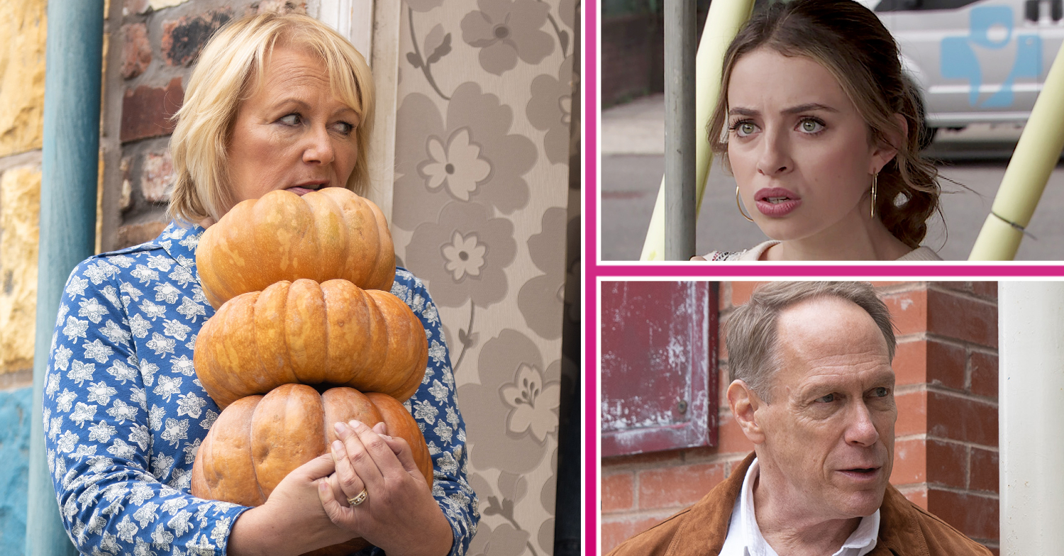 Coronation Street Eileen carrying three pumpkins, Daisy looking shocked and Stephen looking on edge