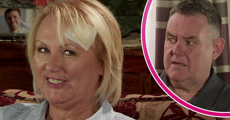 Coronation Street Eileen smiling with a plaster on her head and George looking at her concerned