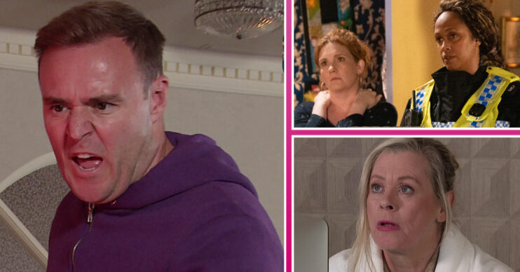 Coronation Street Tyrone angry, Fiz with a police officer and Bernie shocked