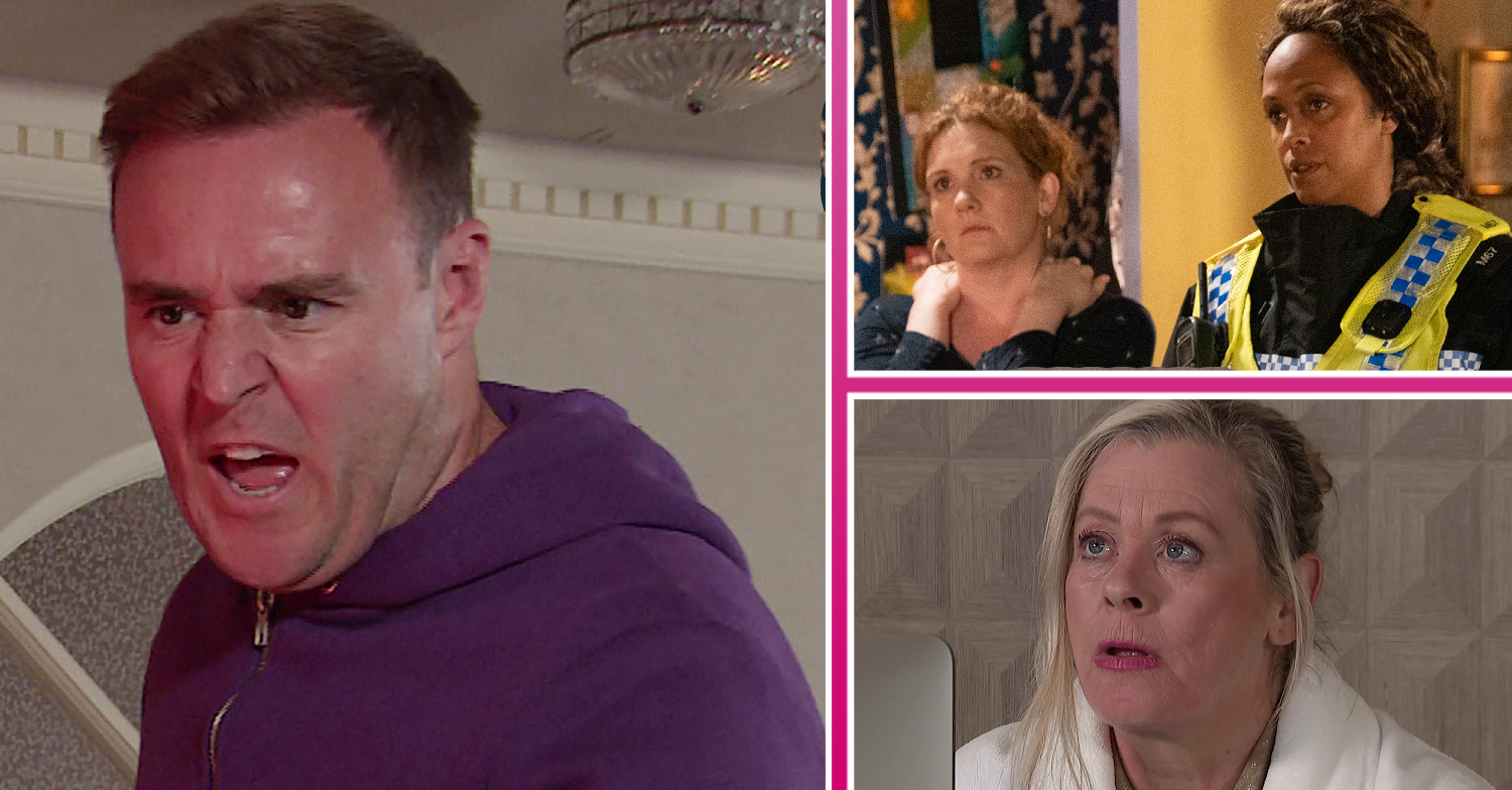 Coronation Street Tyrone angry, Fiz with a police officer and Bernie shocked