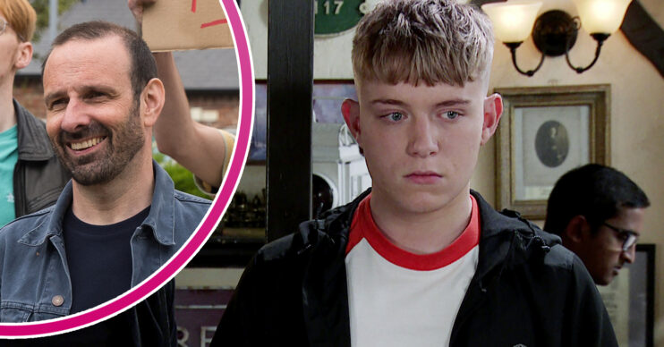 Coronation Street Griff smiling and Max looking worried